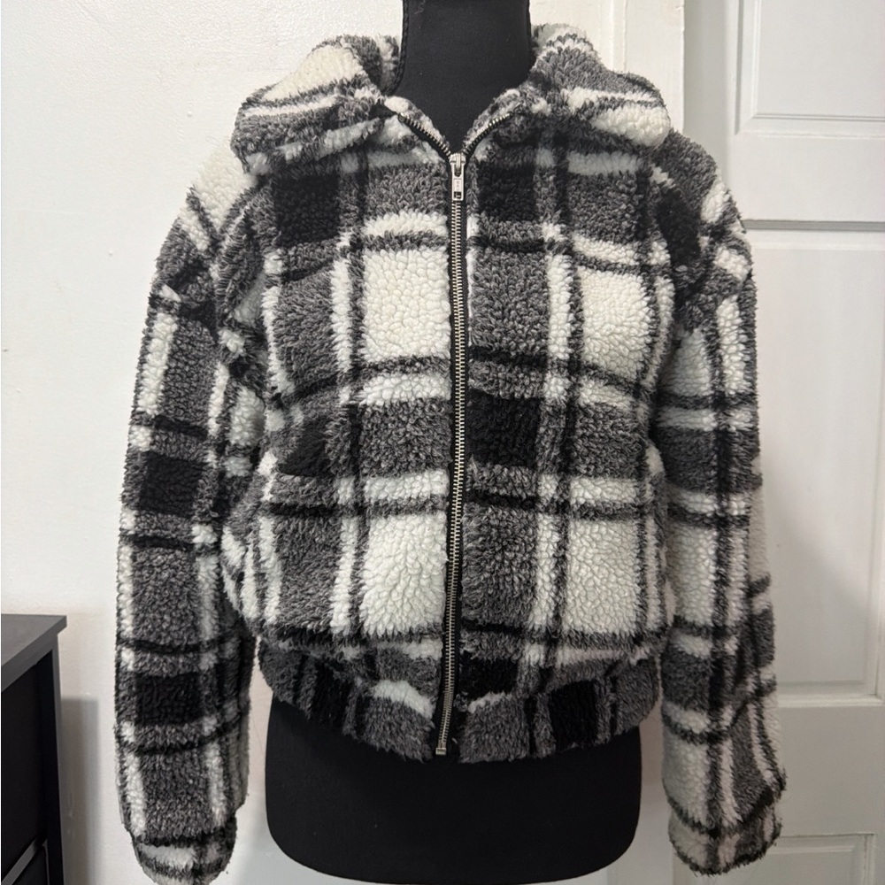Black & White Plaid Sherpa Zip-Up Jacket